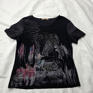 Meidisa Shirt Womens Large Black Graphic Art Print Striped Sleeves Studded Tee